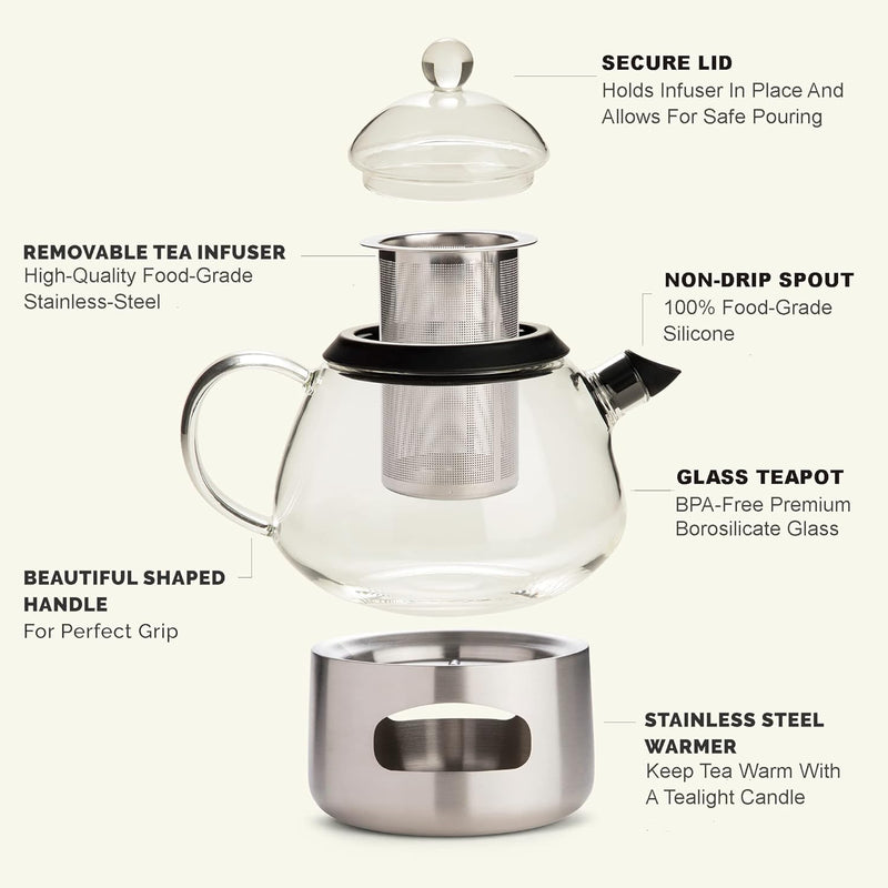 Elfin Glass Teapot with Infuser and Teapot Warmer (Stainless Steel) 28oz / 800ml Danish Designer Teapot Set – Stylish Clear Glass Tea Pot Sets with Infusers for Loose Leaf Tea and Tea Bags at Tea Time