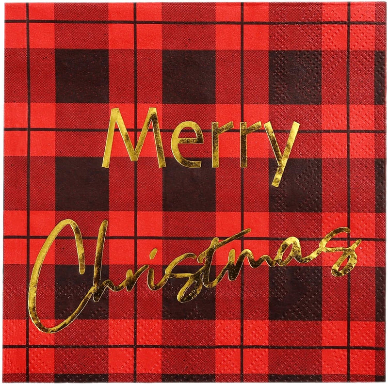 Buffalo Plaid Christmas Napkins Paper - 50 PK - Gold 3-ply Christmas Cocktail Napkins 5x5 Inches Party Napkins Disposable Beverage Napkins for Christimas Decorations Christmas Table Décor