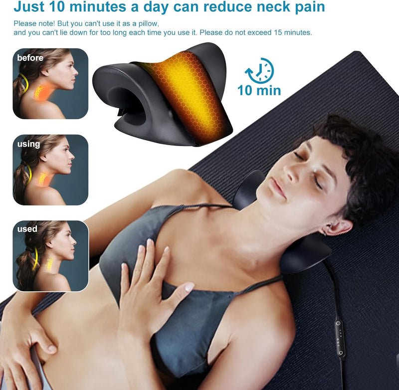 Neck Stretcher Neck Pain Relief Heated Cervical Traction Device Pillow with Graphene Heating Pad Neck Massager Neck Hump Corrector for TMJ Pain Relief and Spine Alignment