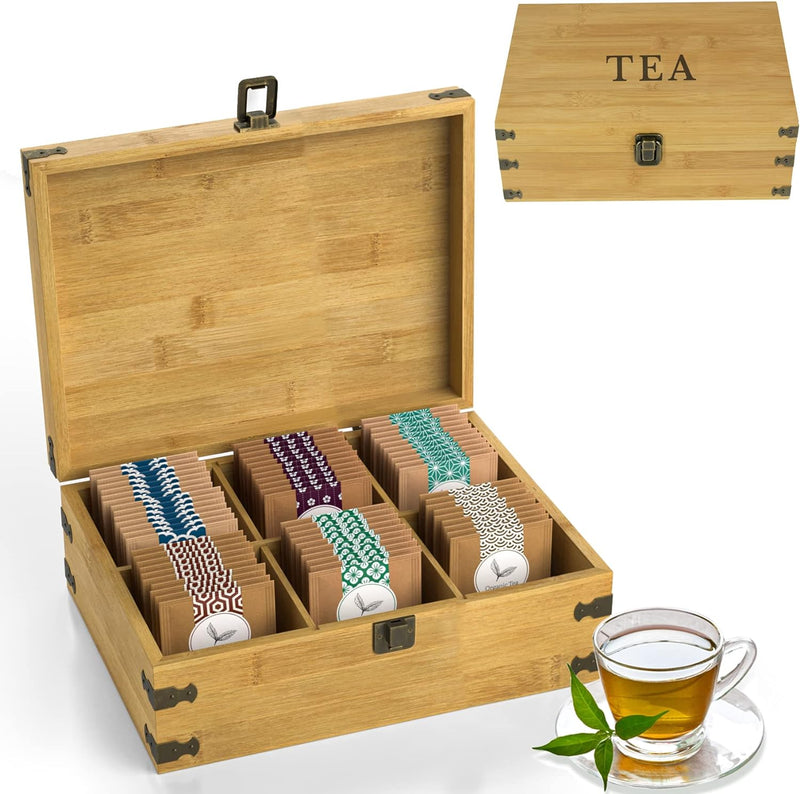 Zen Earth Inspired Bamboo Tea Organizer Box Chemical Free Eco-Friendly Big, Tall, Adjustable Cubbies Natural Wooden Storage Chest (6-Slot 11" x 8.1" x 4.2" with TEA print design)