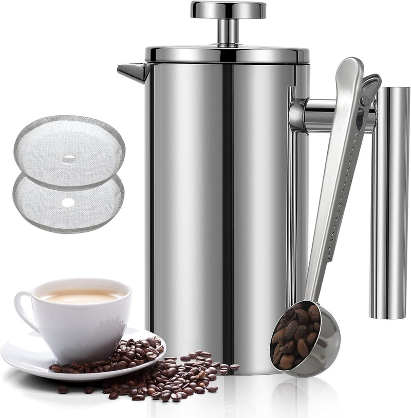 Meelio Small French Press Coffee Maker, Double-Wall Insulated French Press Coffee Press Stainless Steel, Included 2 Extra Fliters and 1 Coffee Spoon (350ML, 12 OZ)