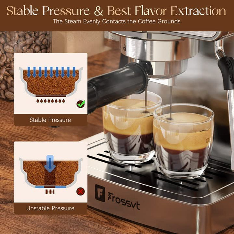 Espresso Machine, 20 Bar Espresso Maker with Milk Frother Steam Wand for Latte and Cappuccino, Stainless Steel Coffee machines with 1.8L/60oz Water Tank for home, Sliver Coffee maker