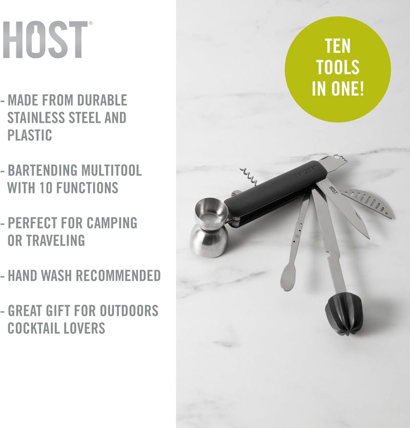 HOST All in One Bartender Multitool Set | 10 in 1 Tool - Strainer | Muddler & Reamer | Stirrer | Jigger | Zester | Corkscrew | Bottle Opener | Knife & Channel Knife Bar Essential Equipment Kit