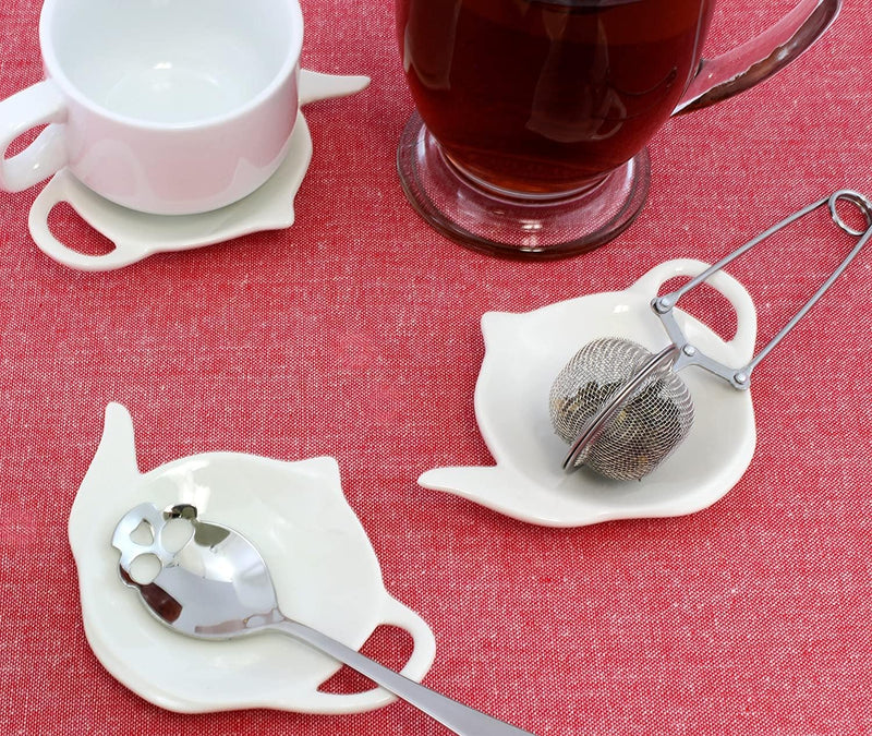 Cornucopia White Ceramic Tea Bag Coasters Spoon Rests; 4-Pack Classic Teabag Caddy Holder Saucer Set