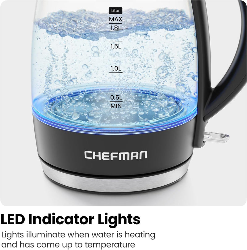 Chefman Electric Kettle, 1.8L 1500W, Hot Water Boiler, Removable Lid for Easy Cleaning, Auto Shut Off, Boil-Dry Protection, Stainless Steel Filter, BPA Free, Borosilicate Glass Electric Tea Kettle