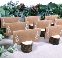 30 Pcs Rustic Wood Place Card Holders Circular Table Numbers Holder Stand Wooden Bark Memo Holder Card Photo Picture Note Clip Holders and Kraft Place Cards Bulk Wedding Party Table Number Sign