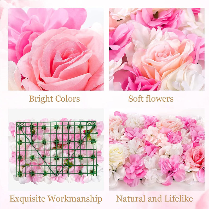 Flower Wall Panel Set - 4 Pack Artificial Silk Rose Panels for Decor Wedding Party Backdrop Decoration - 12 x 16