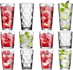 Elegant Glassware Set - 12 Piece Tumbler Drinking Glasses - Set of 4-17oz Highball Glasses, 4-13oz DOF Rock Glasses, 4-7oz Juice Glasses for Mixed Drinks, Water, Juice, Beer, Wine, Hurricane Glasses