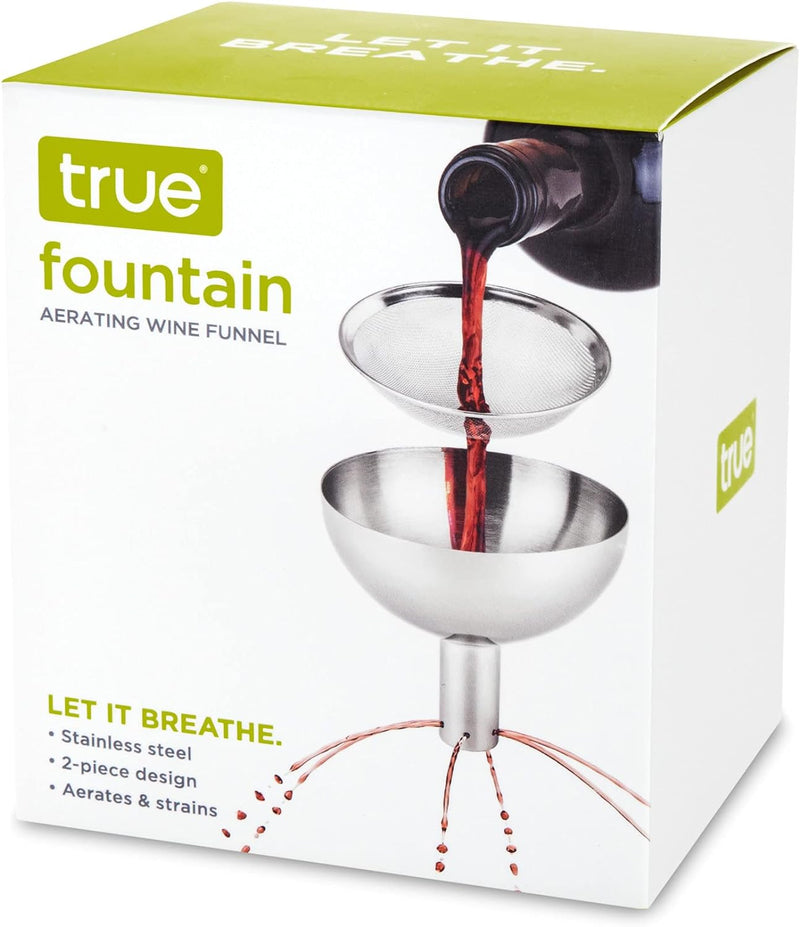 True Fountain Aerating Decanter Funnel, Red and White Wine Funnel with Mesh sediment Strainer, bar accessories, Stainless Steel, 2-Piece set