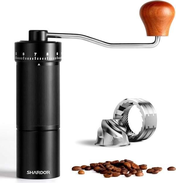 SHARDOR 918 Pro Manual Coffee Grinder Capacity 30g/1.06oz with Externally Numerical Adjustable Finely Setting Conical Burr - Aluminum Alloy Body, Double Bearing Positioning, Anti-slip Stripes