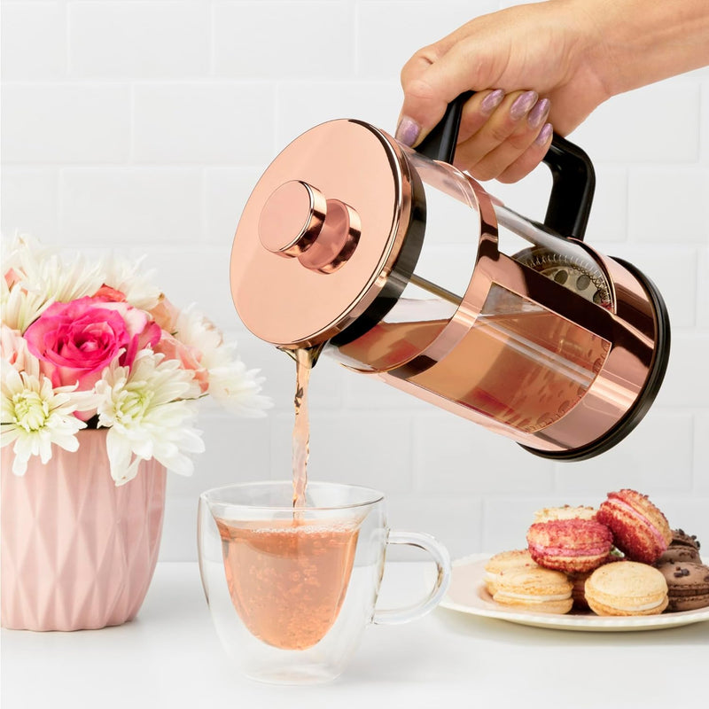 Pinky Up Piper Tea Press Pot, Coffee Maker, French Press for Loose Leaf Tea and Coffee, Hot or Iced Beverage Brewer, 34 oz, Rose Gold