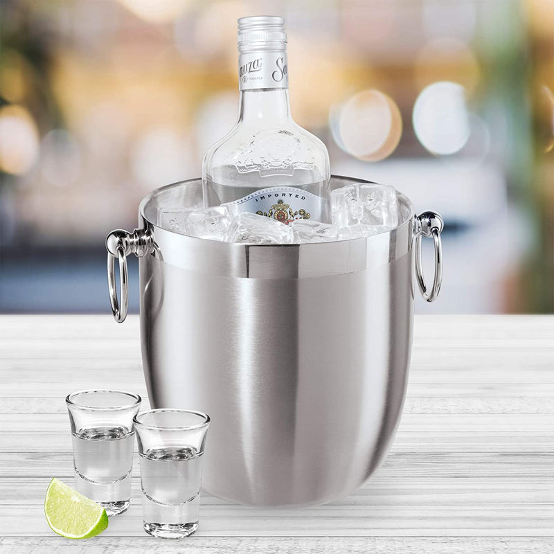 OGGI Double Wall Stainless Steel Ice Bucket - Insulated Ice Bucket with Elegant Steel Lid, Classic Handles & Stainless Steel Ice Tongs - Great for Home Bar, Chilling Beer, Champagne and Wine - 3 qt