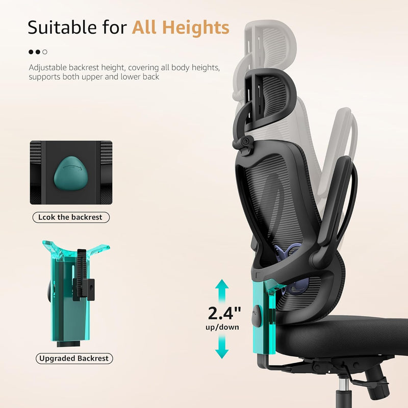 Ergonomic Office Chair Fully Adjustable - Comfortable Big and Tall Computer Desk Chairs with Lumbar Support, Mesh High Back Adjustable with 3D Headrest, 90-130° Tilt Lock, Flip-up Arms