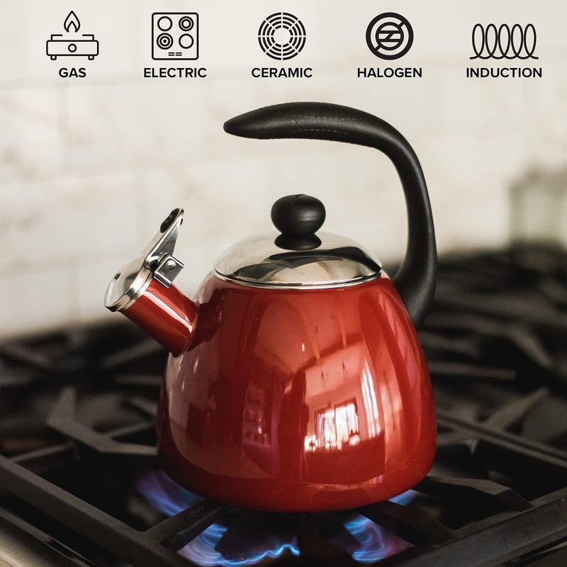 Farberware Bella Water Kettle, Whistling Tea Pot, Works For All Stovetops, Porcelain Enamel on Carbon Steel, BPA-Free, Rust-Proof, Stay Cool Handle, 2.5qt (10 Cups) Capacity (Garnet)