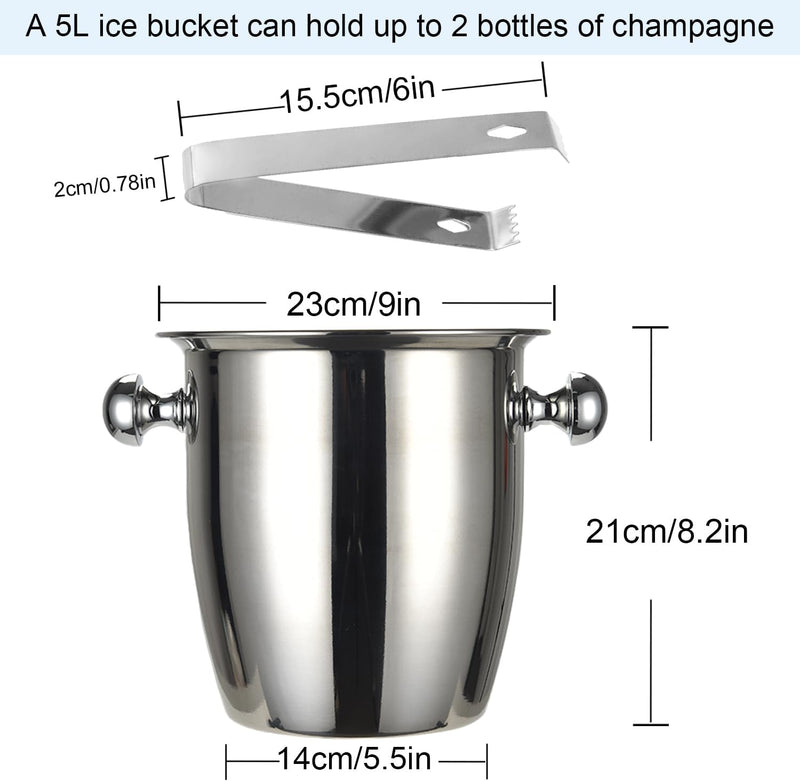 Ice Buckets - Champagne Bucket with Tongs Keeps Ice Frozen Longer,Stainless Steel Wine Chiller Thick Walled Wine Cooler for Parties Beer Red Wine Liquor Bar Ktv (5L, Silver)