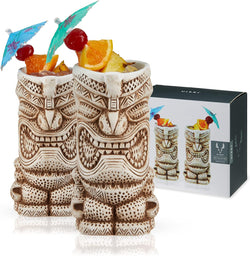 Viski Pacific Tropical Tiki Glasses Set of 2 - Premium Crystal Clear Glass Tumbler, Stylish Tiki Glassware Bar Accessories and Cocktail Glass Gift Set, 14 oz