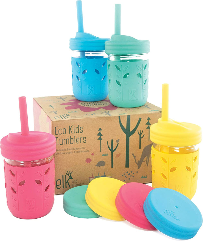 Elk and Friends Kids & Toddler Cups | The Original Glass Mason jars 8 oz with Silicone Sleeves & Silicone Straws with Stoppers | Smoothie Cups | Spill Proof Sippy Cups for Toddlers