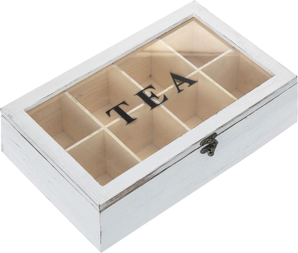 MyGift Vintage White Solid Wood Tea Organizer Box - 8 Compartments, Tea Bags and Condiments Packet Holder with Lid with Latch