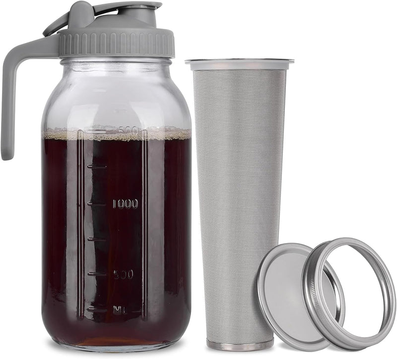 Cold Brew Mason Jar iced Coffee Maker, Durable Glass, - 64 oz (2 Quart / 1.9 Liter), With Handle& Stainless Steel Filter for Iced Brew Coffee, Lemonade, Ice Tea, Homemade Fruit Drinks Container