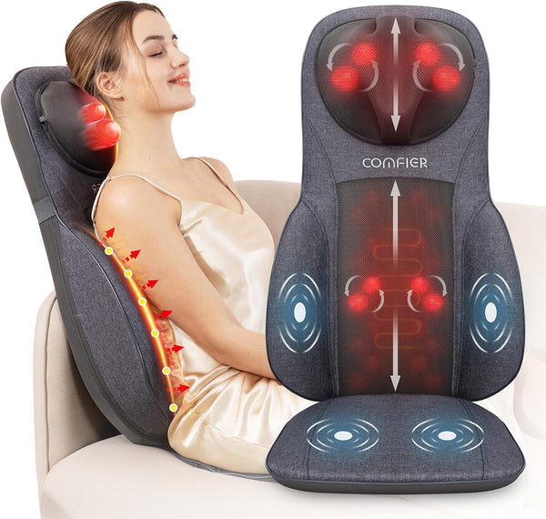 COMFIER Neck Back Massager with Heat, Height Adjustable Chair Massager Seat Cushion for Neck Shoulders, Shiatsu Massage Chair Pad for Back Support,Full Body Pain Relief,Gifts for Mom,Dad,Gray