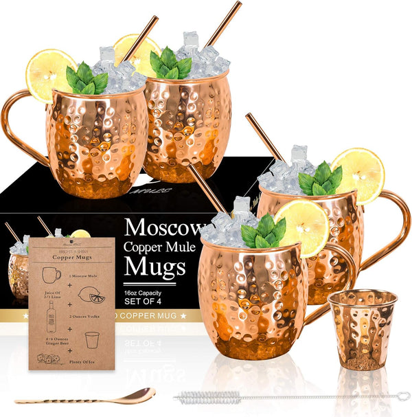 Moscow Mule Copper Mugs - Set of 4-100% HANDCRAFTED Solid Copper Mugs, Gift set with 4 Copper Straws, 1 Stirring Spoon, 1 Copper Shot Glass, 1 Straw Cleaning Brush.