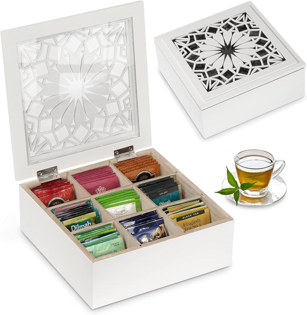 handrong Tea Box Tea Bag Organizer Wooden Tea Bag Holder Modern Tea Chest with 9 Compartments and Glass Cover for Home Tea Parties and Gift
