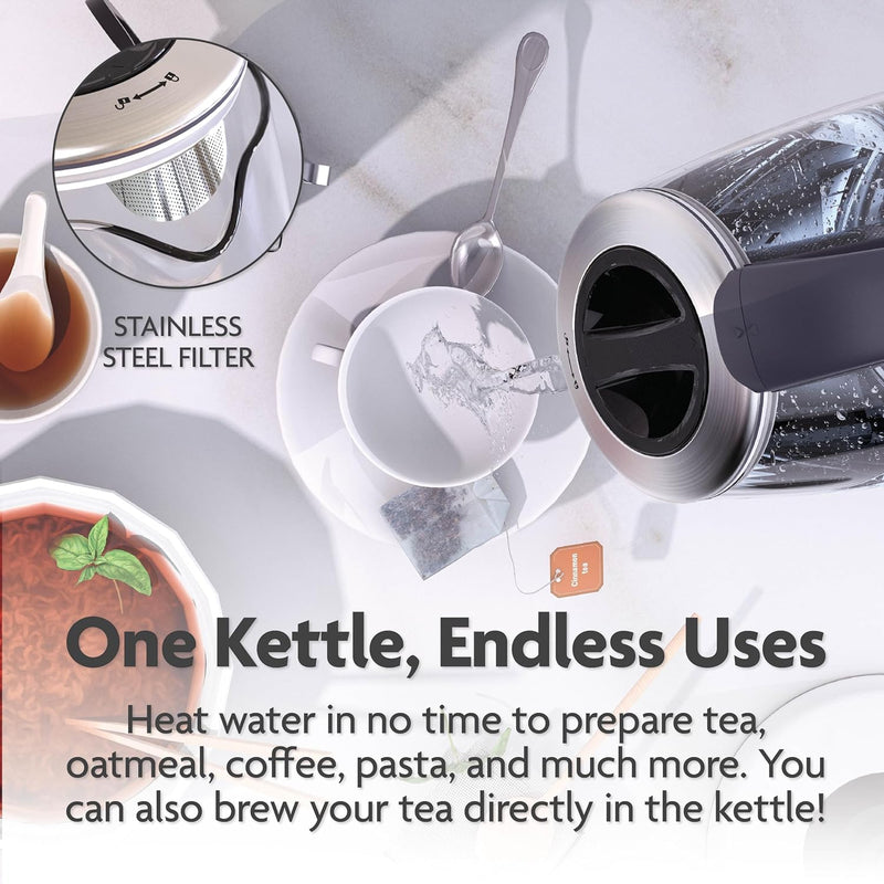 Vianté Electric Glass Tea Kettle with Removable Infuser. Hot tea infuser Pot for Loose Leaf & Bagged Tea. BPA-FREE. Stainless Steel & Borosilicate Glass. LED Illuminated. 1.7 Liters capacity.