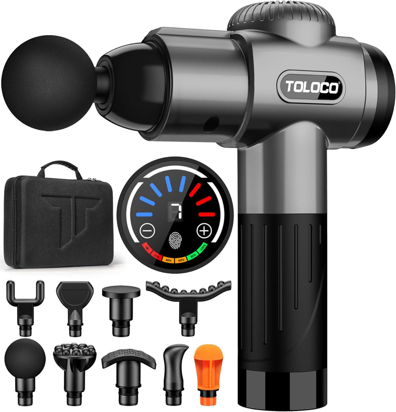 TOLOCO Massage Gun Deep Tissue, Back Massage Gun for Athletes for Pain Relief, Percussion Massager with 10 Massages Heads & Silent Brushless Motor, Valentines Day Gifts for Him/Her, Black