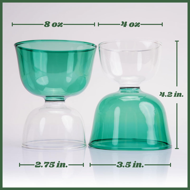 Unique Cocktail Glasses Set of 2 8-Ounce Double Sided Colorful Glass, Cute Cocktail Glassware Vintage Coupe Cups for Wine, Martini, Cordial, Margarita - Cool Colored Drinking Glass Set (Emerald Blue)