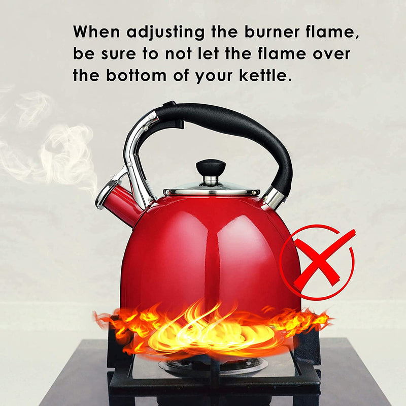 Rorence Whistling Tea Kettle: 2.5 Quart Stainless Steel Kettle with Capsule Bottom & Heat-resistant Glass Lid (Red)