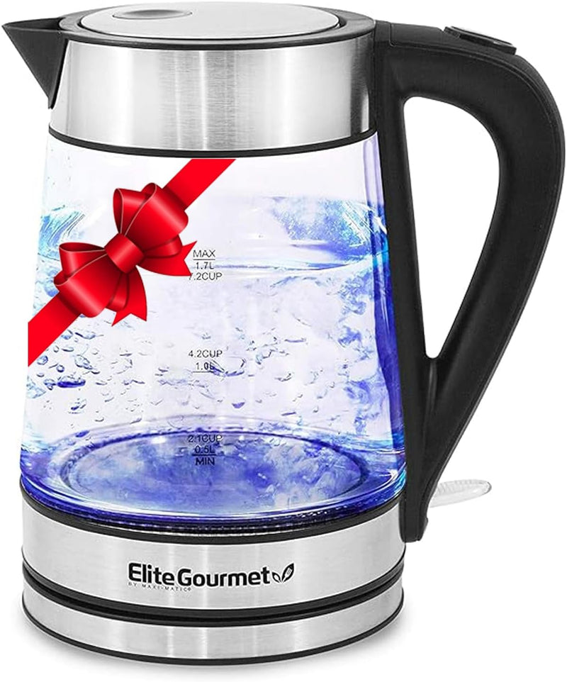 Elite Gourmet EKT1001 Electric 1.0L BPA-Free 1100W Glass Kettle Cordless 360° Base, Stylish Blue LED Interior, Handy Auto Shut-Off Function – Quickly Boil Water For Tea & More, Black