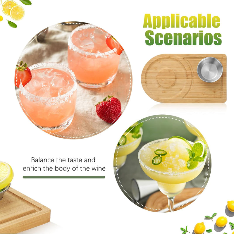 Tioncy 2 Pcs Margarita Salt Rimmer Set Bamboo Wood Glass Rimmer for Cocktails with Stainless Steel Plates Margarita Salt Dish Bar Rimmer Tray Bar Salt and Sugar Rimmer for Wide Glasses up to 4.7 Inch