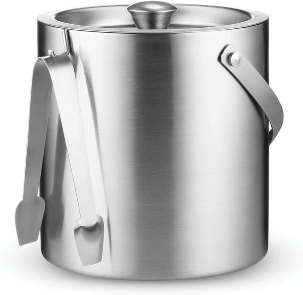 Double-Wall Stainless Steel Insulated Ice Bucket With Lid and Ice Tong [3 Liter] Included Strainer Keeps Ice Cold & Dry, Carry leather Handle, Great for Home Bar, Chilling Beer, Champagne, Wine Bottle