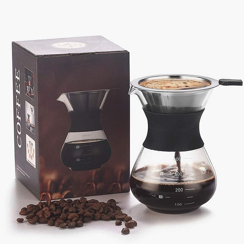 XIYUAN Pour Over Coffee Maker, Permanently Use The Pour Over Coffee Dripper Borosilicate Glass Water Bottle Coffee Pot With Stainless Steel Filter Hand Punch Coffee Pot Set 14oz / 400Ml