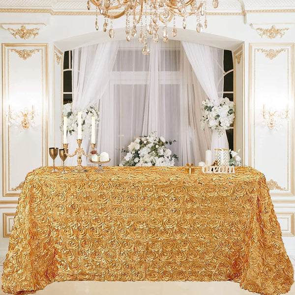 Gold Rosette Tablecloth 3D Satin Rectangle Table Cloth 60X102 Inch for Wedding Baby Shower Party Outdoor Ceremony Floral Table Cover
