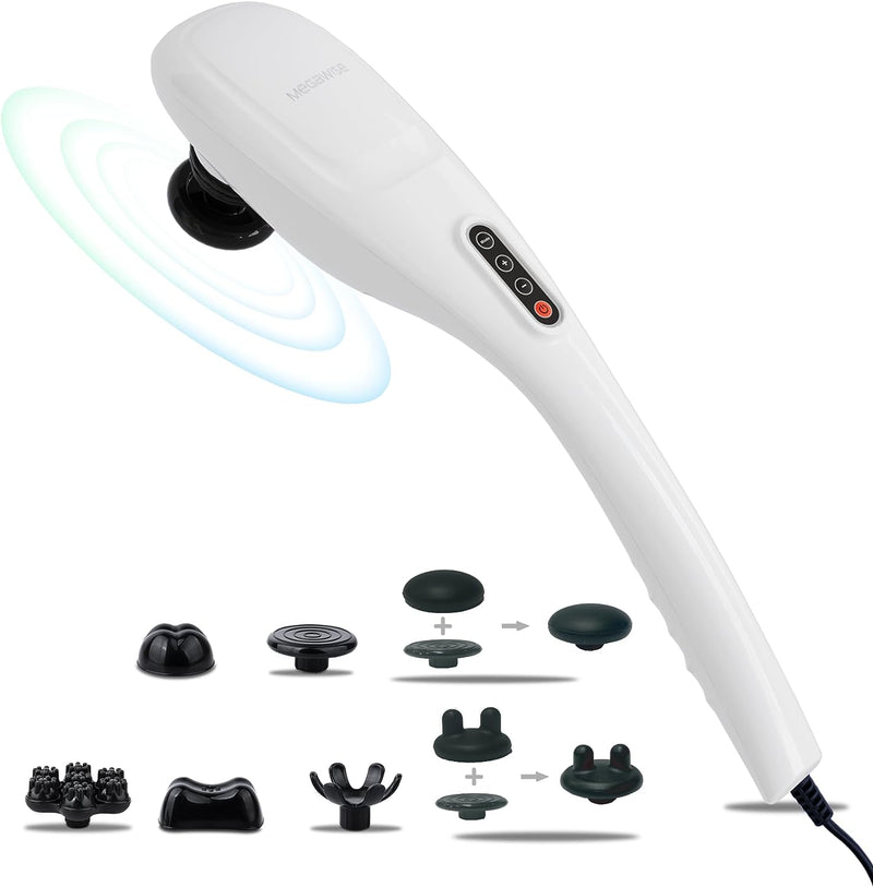 MEGAWISE CORDLESS Handheld Back Massager w/ Rechargeable 3200mAh Battery, 5 Speed and 5 +2 Massage Nodes with hard, medium and 2 soft silicone Nodes; Massage while moving around (Perarl White)