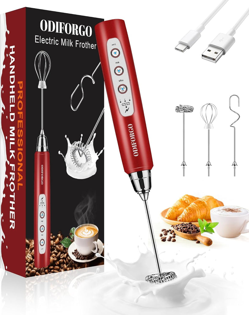 ODIFORGO Rechargeable Milk Frother Handheld, Electric Drink Mixer with 3 Stainless Whisks 3 Speed Adjustable, Coffee Foam Maker, Electric Whisk, Coffee Frother Wand for Latte Matcha Protein Powder