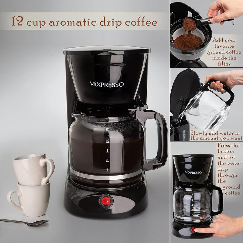 Mixpresso 12-Cup Drip Coffee Maker, Coffee Pot Machine, Borosilicate Glass Carafe, Anti-Drip System, Black Electric Coffee Maker, Clear Water Level Window Coffee Machine