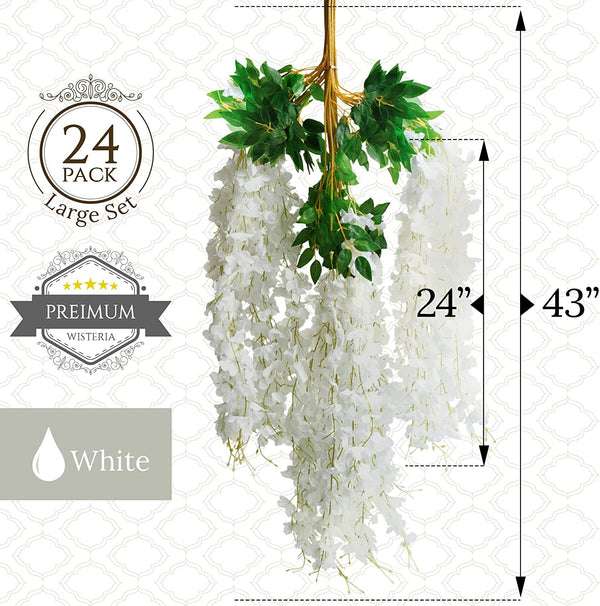 Wisteria Hanging Flowers - 24-Pack XXL Fake Wisteria Vines - 43 Silk - White Ratta Flower Garland for Weddings and Parties