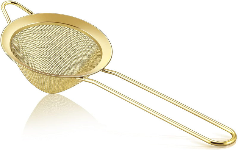 TeamFar Fine Mesh Strainer, 3.3’’ Stainless Steel Tea Strainer with Long Handle, Small Conical Cone Mesh Strainer for Cocktail Coffee Juice Flour, Non-Toxic & Easy Clean, Hanging Loop, Gold