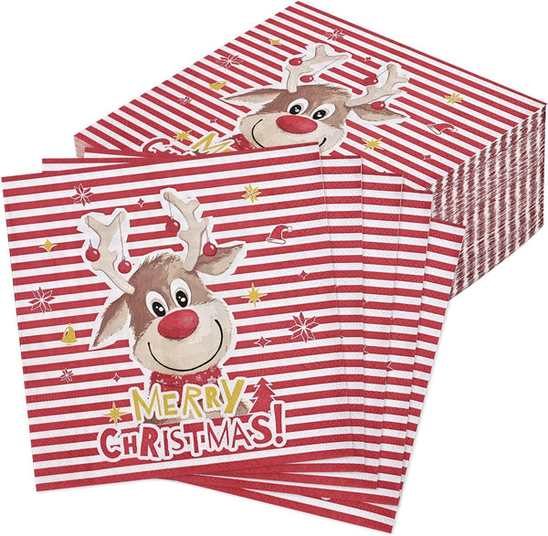 Homlouue 100 Christmas Paper Napkins 3ply, Merry Christmas Cocktail Napkins for Bathroom, Cartoon Reindeer Napkins Disposable for Dinner Kitchen Dinner, Paper Towels for Holiday Xmas Winter Christmas