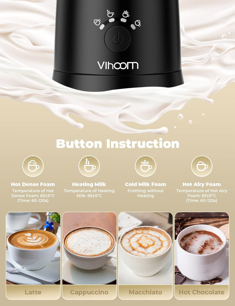 Vihoom Electric Milk Frother Hot And Cold Foam Maker 4-in-1 Automatic Milk Frother Electric Milk Frother and Steamer For Coffee, Lattes, Cappuccinos, Macchiato and More Black