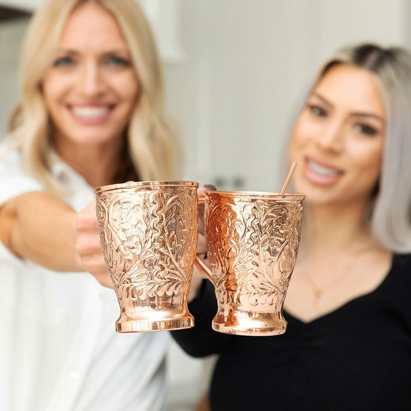 Kamojo Pure Copper Shot Glasses (Set of 4) - Moscow Mule Drinking Shot Glass for Home, Kitchen, Bar - Barware Drinking Glass for Tequila Vodka Cocktail Shooters - Custom Embossed Metal Drinkware Gift