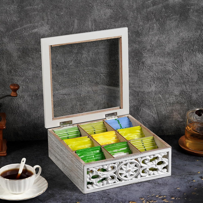 AHUONEL Tea Bag Organizer Wooden Tea Box for Tea Bags, Tea Organizer 9 Compartments Tea Chest Storage Box with Clear Lid, Tea Bag Holder Tea Caddy for Tea Coffee Sugar, Home Kitchen Office, White