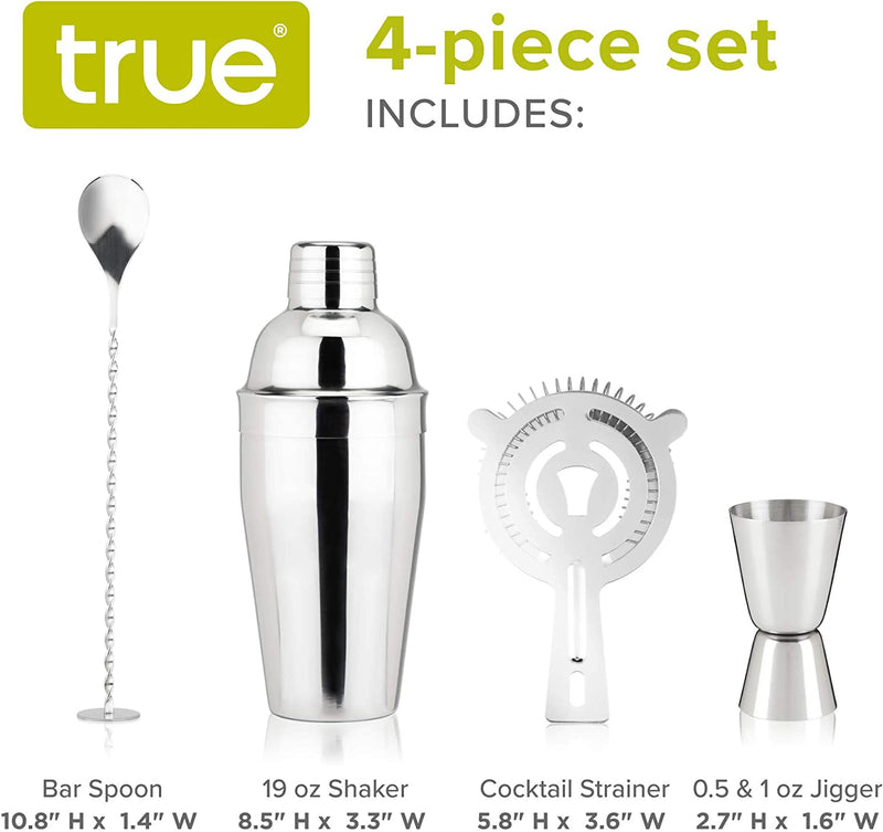 True Bar Drink Mixer Set, 19oz 4-piece Cocktail Shaker Set Bartender Kit, Bar Cocktail Sets, Cocktail Shaker Kit, Barware Tool Sets, Bar Accessories for the Home Bar Set (Stainless Steel)