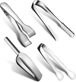 4 Pieces Ice Tongs and Scoops Stainless Steel Ice Cube Tong with Teeth Ice Shovel Scoop Ice Cube Buffet Clip Candy Scoop Food Kitchen Serving Tong Set for Cocktail Whiskey Tea Party