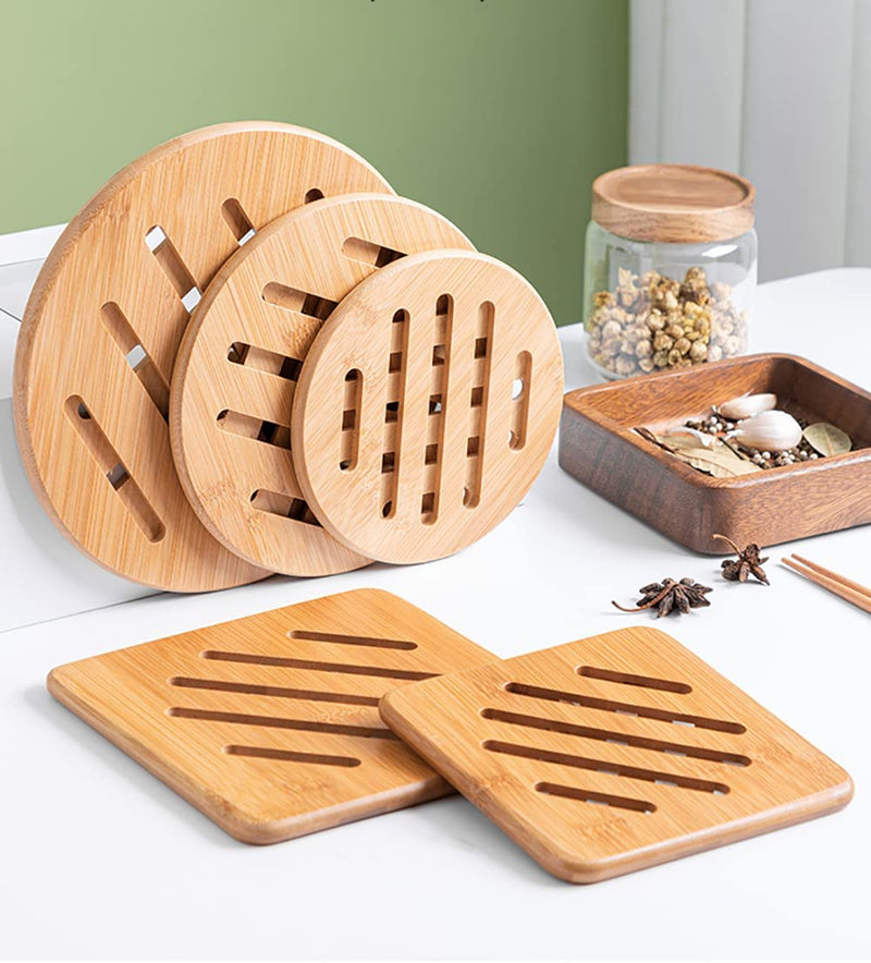 Lawei 8 Pack Bamboo Trivets with Dish Rack - Bamboo Trivet Mat Bamboo Hot Pads Trivet for Hot Dishes, Pot, Bowl, Teapot
