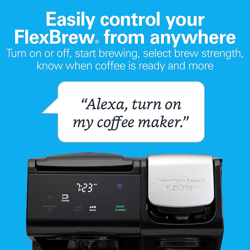 Hamilton Beach FlexBrew Trio 2-Way Works with Alexa Smart Coffee Maker, Compatible with K-Cup Pods or Grounds, Single Serve or Full 12c Pot, 56 oz. Removable Reservoir, Black (49911)