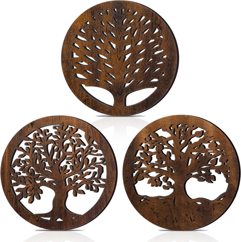 Beeveer 3 Pcs Life Tree Wooden Trivets Round Plates Pots Holder Heat Resistant Wooden Tree Trivet Hot Pan Holder for Counter Wood Hot Pad for Kitchen Hot Dishes Tea Pot Dining Table 8 Inch (Natural)