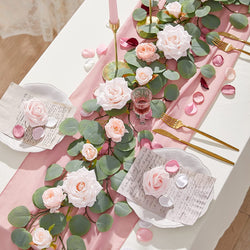 Floral Garland - 21 Flower 6FT Pink Rose and Eucalyptus Wedding Centerpiece Table Runner Mantle Home Decor